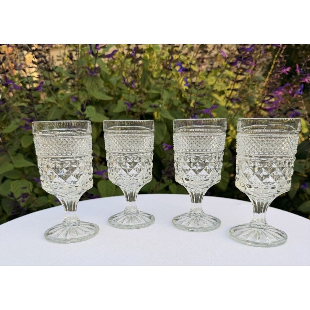 Vintage Set of 4 Clear Pressed Glass Water Goblets Diamond Pattern